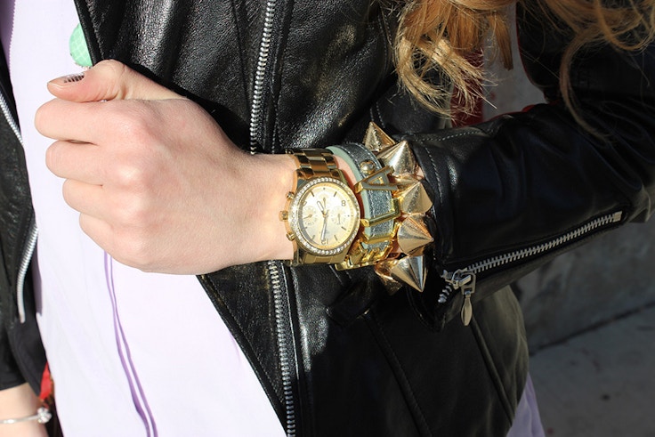arm party gold studs leather jacket