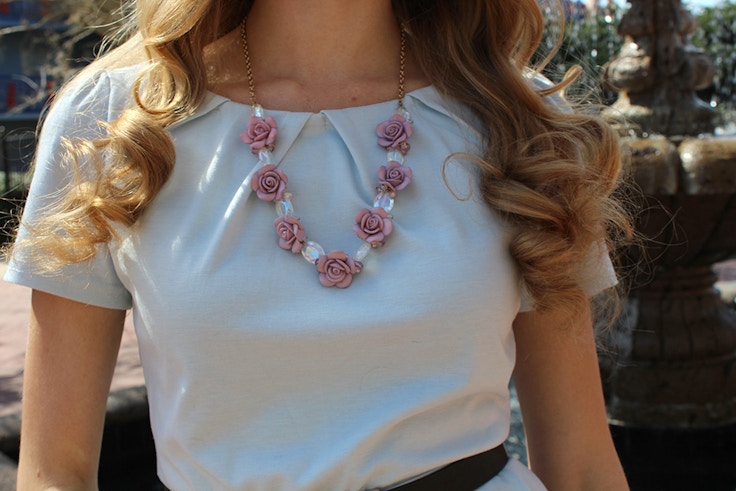blue top purple rose statement necklace
