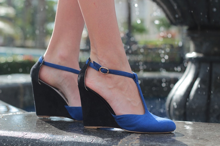 blue tstrap wedge sandal