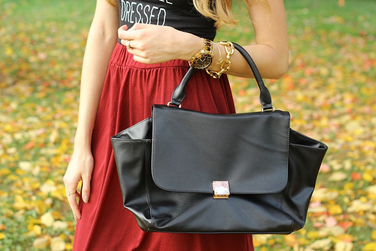 burgundy skirt black purse