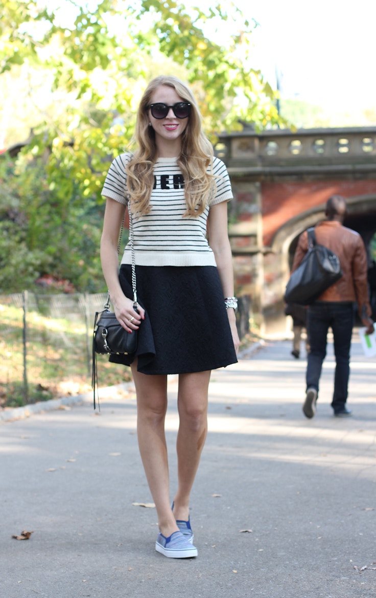 central park keds black skirt striped sweater