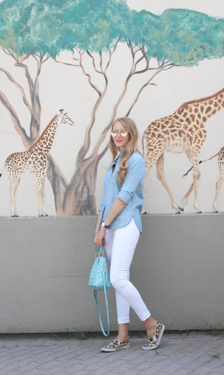 old navy white jeans and chambray top