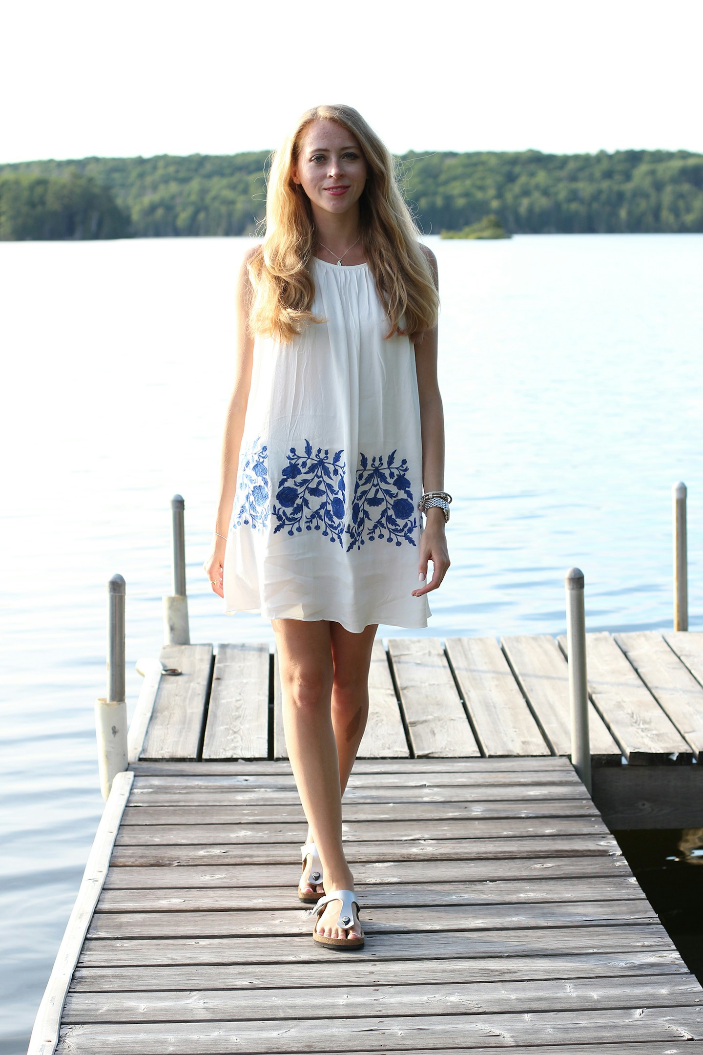 White and blue embroidered dress