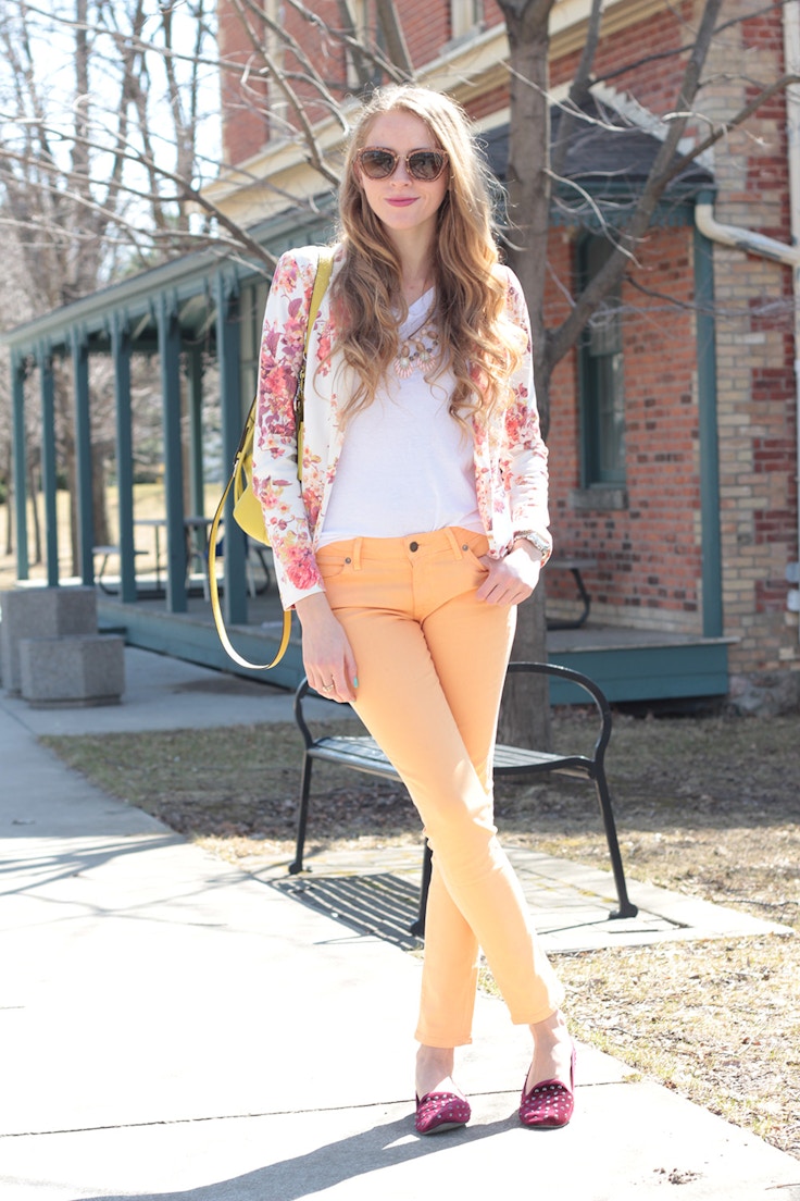 floral blazer and peach jeans