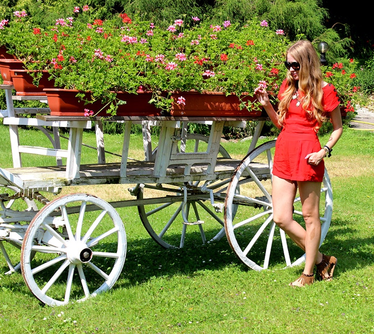 geraniums and red romper