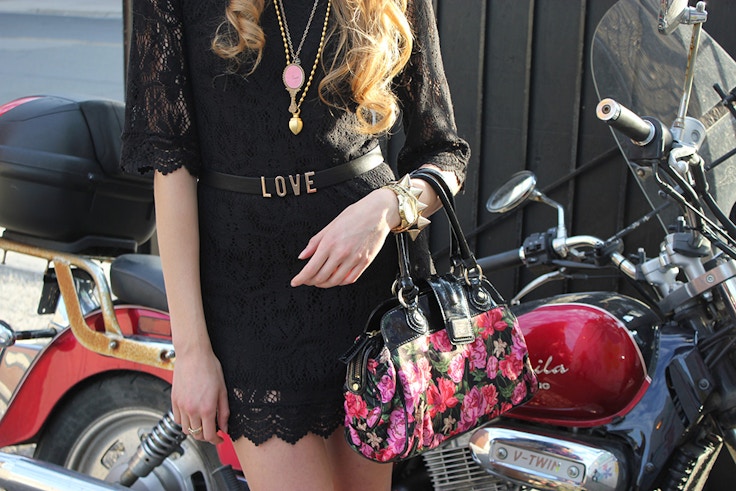 gold accessories black lace dress
