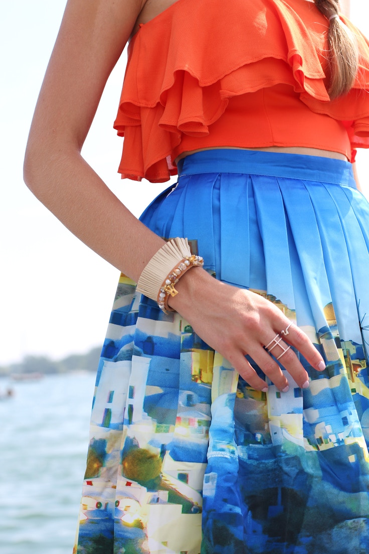 greece print skirt leather bracelet