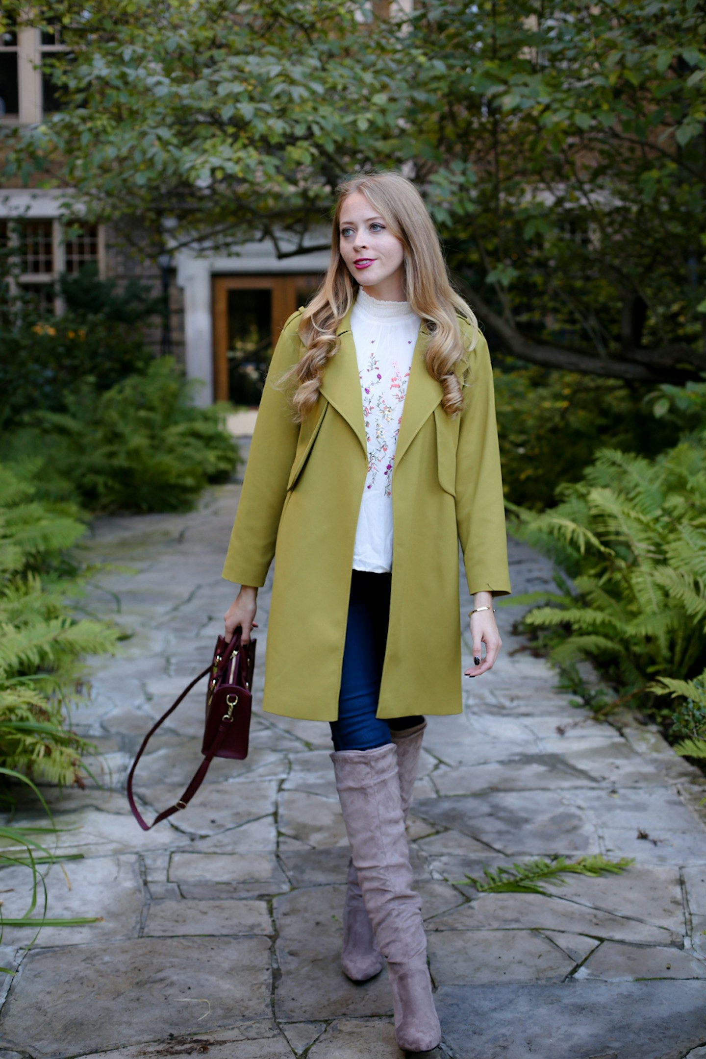 Green trench coat + over the knee boots