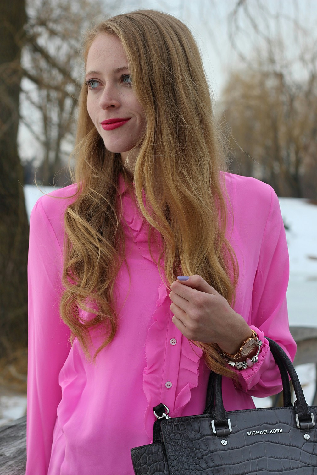 hot pink shirt and ysl rouge volupte lipstick