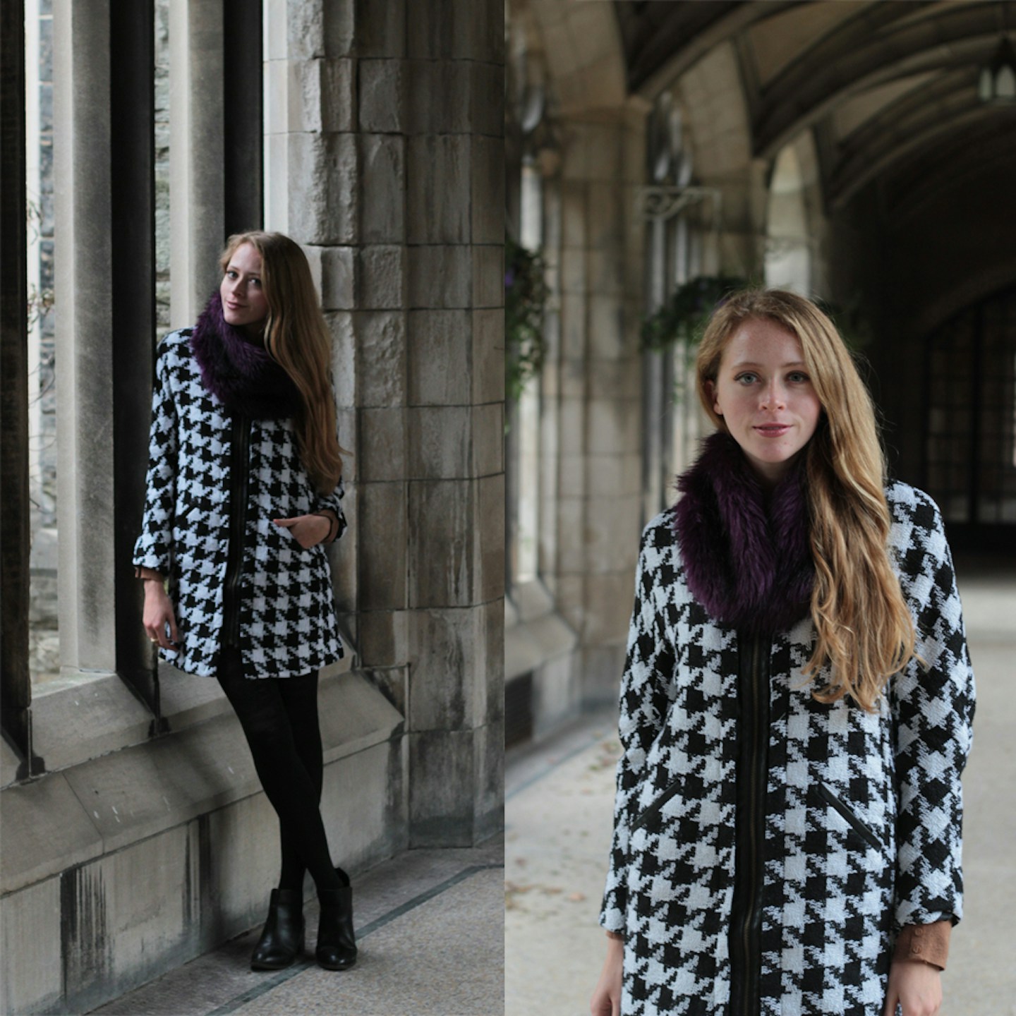 Houndstooth winter coat and purple faux fur stole