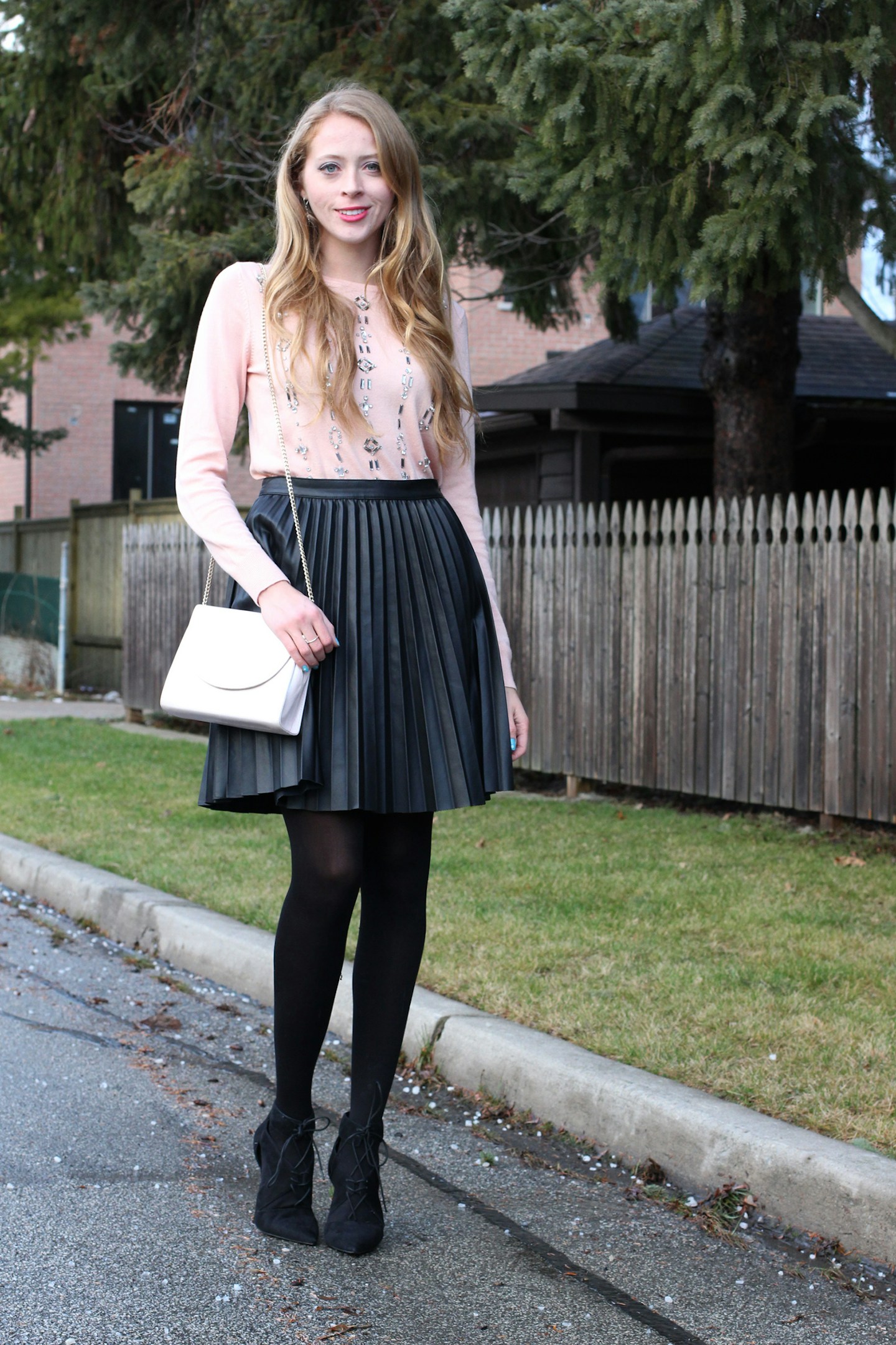 zara faux leather pleated skirt ann taylor sweater