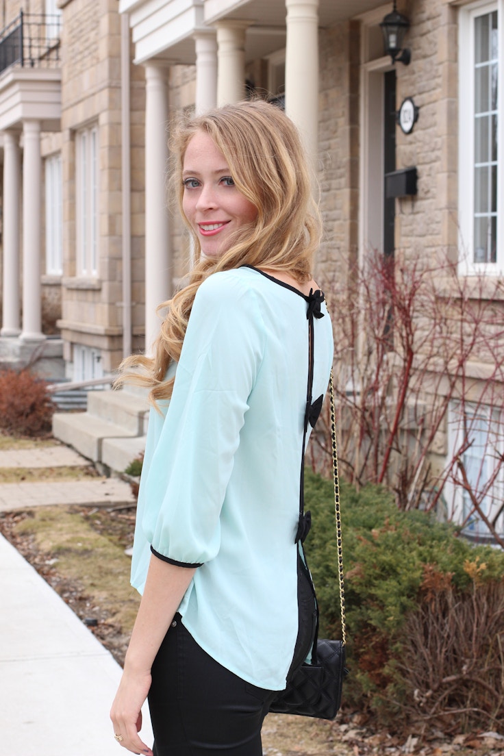 mint and black bow blouse