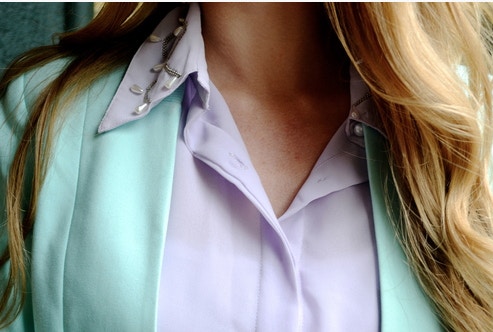 mint blazer and purple blouse