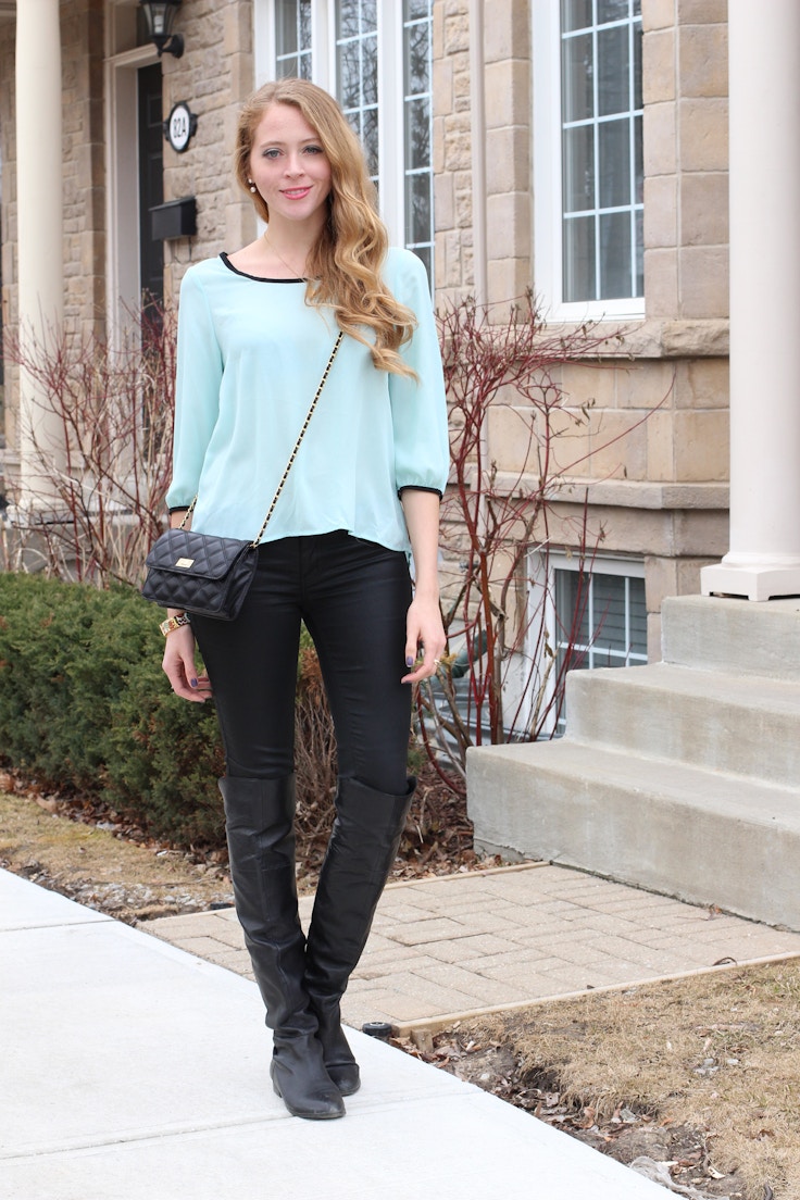 mint blouse over the knee boots
