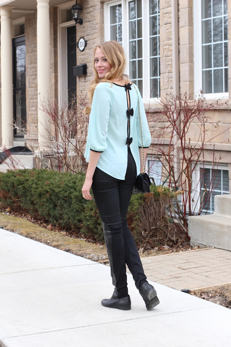 mint bow blouse black jeans outfit
