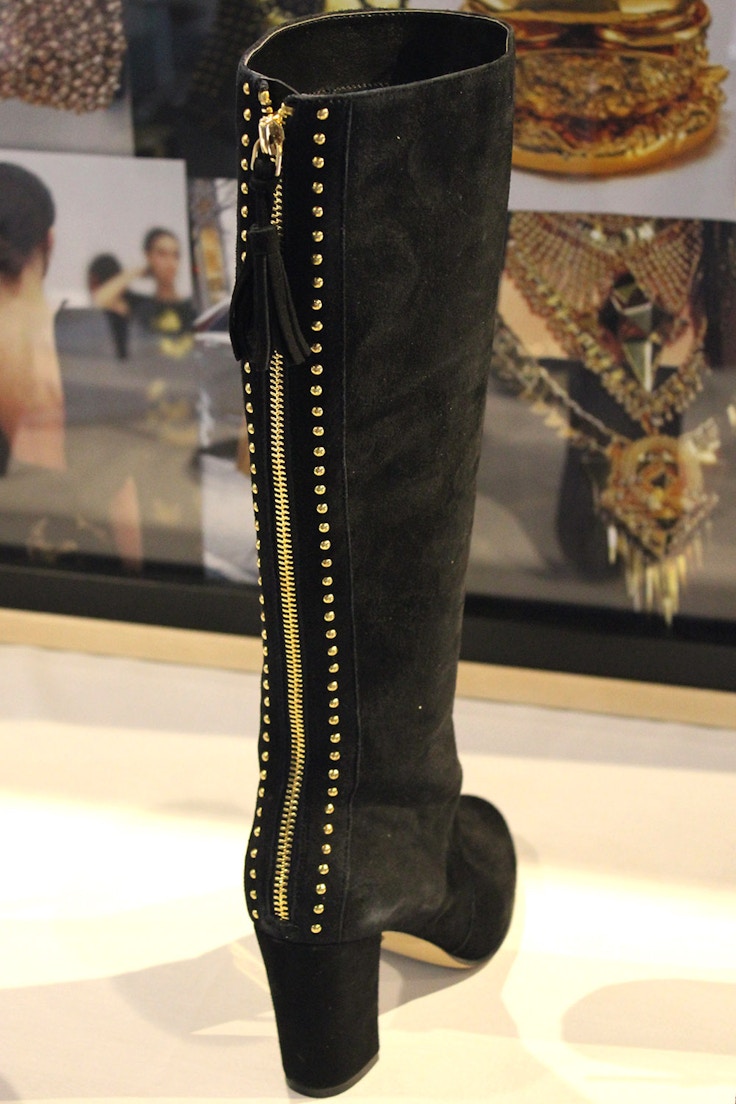 nine west black suede boot with gold zipper