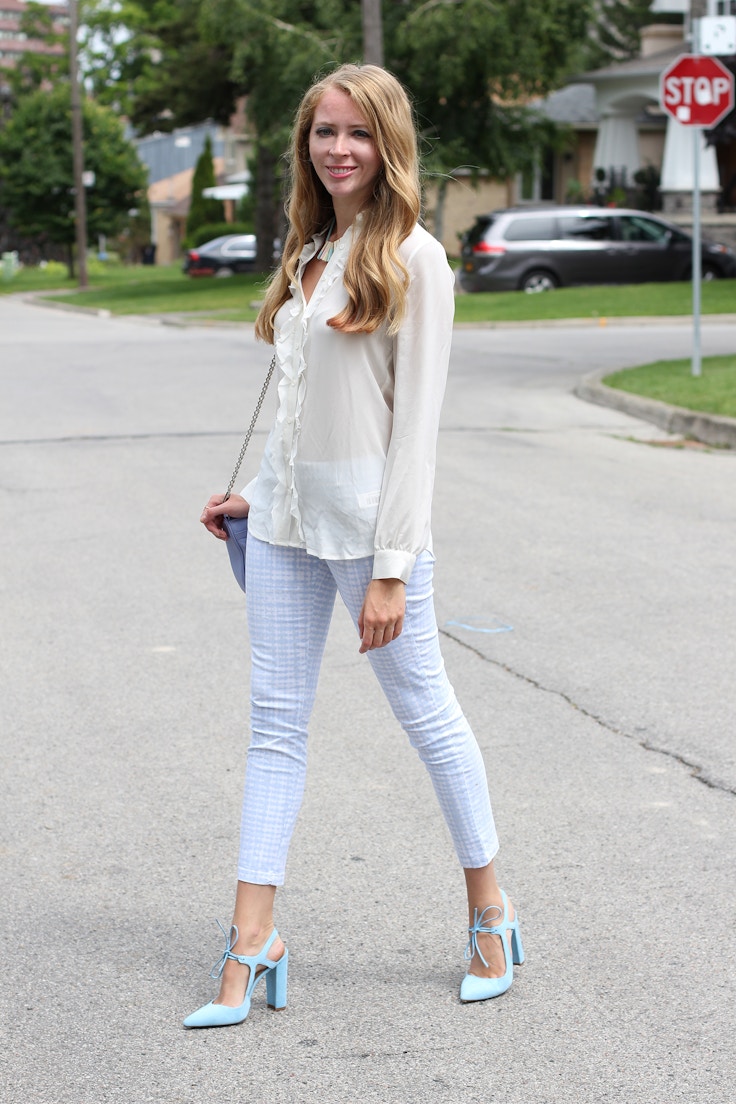 periwinkle gingham pants white blouse