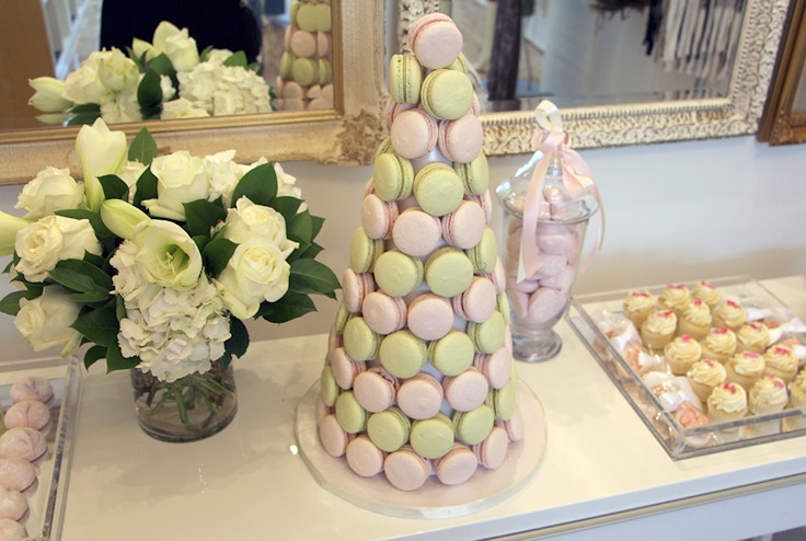 pink and green french macarons tower