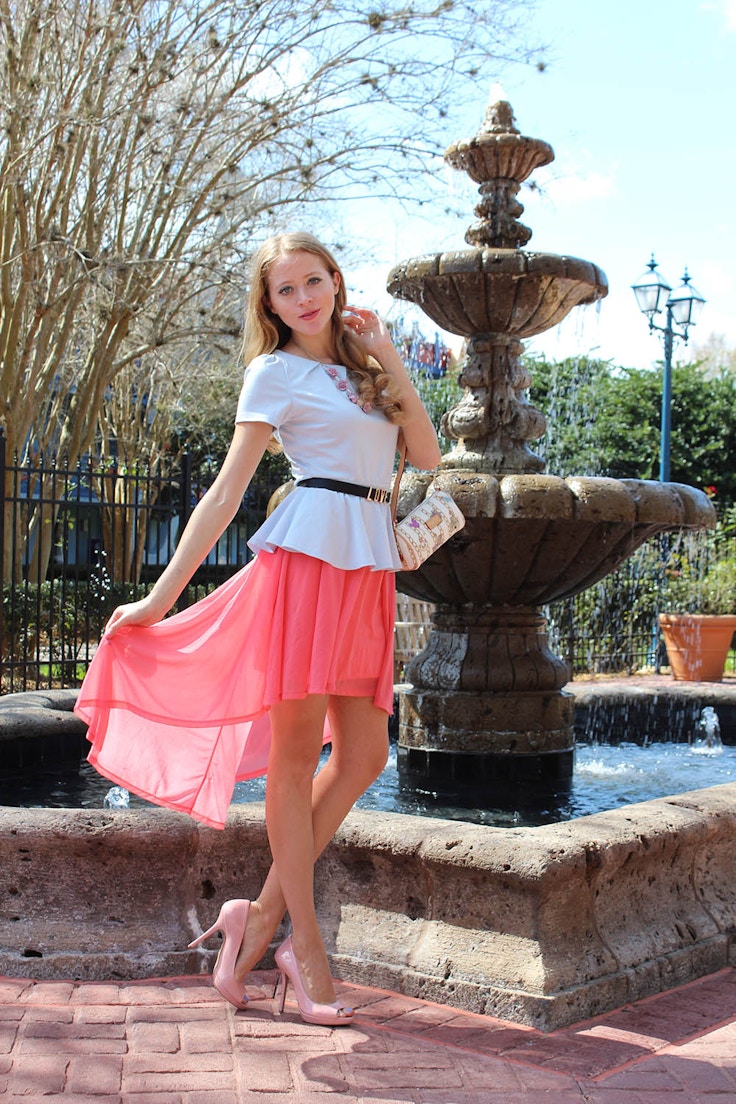 pink skirt blue peplum top