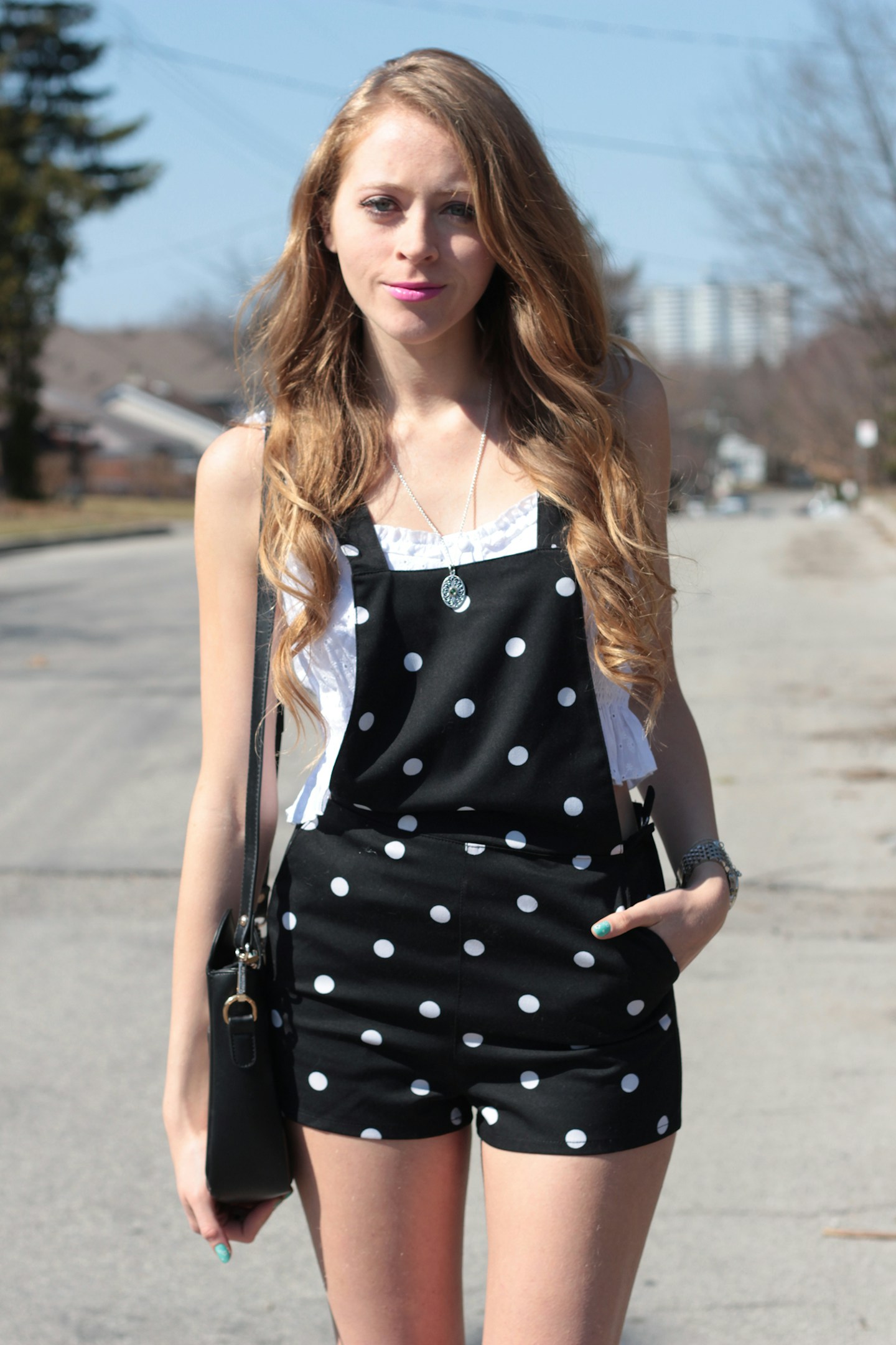 Black & white polka-dot overalls