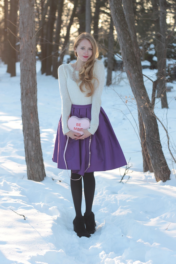 purple midi skirt heart clutch
