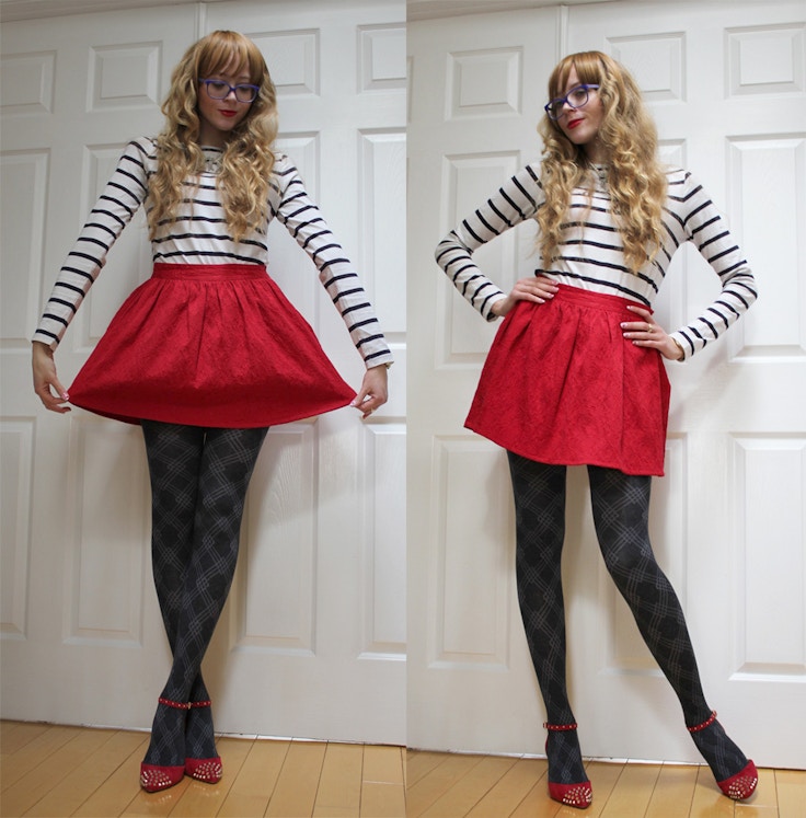girl red skirt red shoes striped shirt