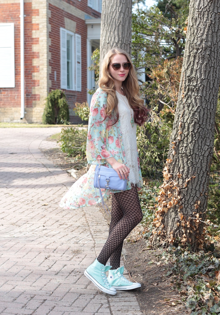spring floral kimono and mint converse outfit idea
