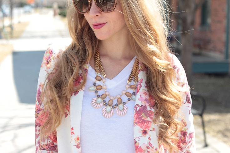 statement necklace and white tshirt and floral blazer