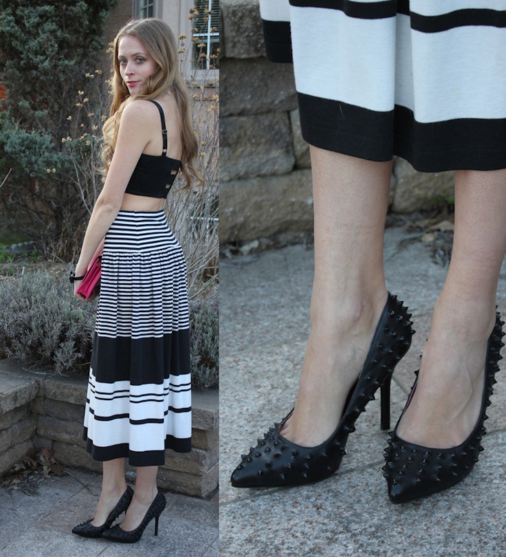 stripe maxi skirt spike black heels louboutin