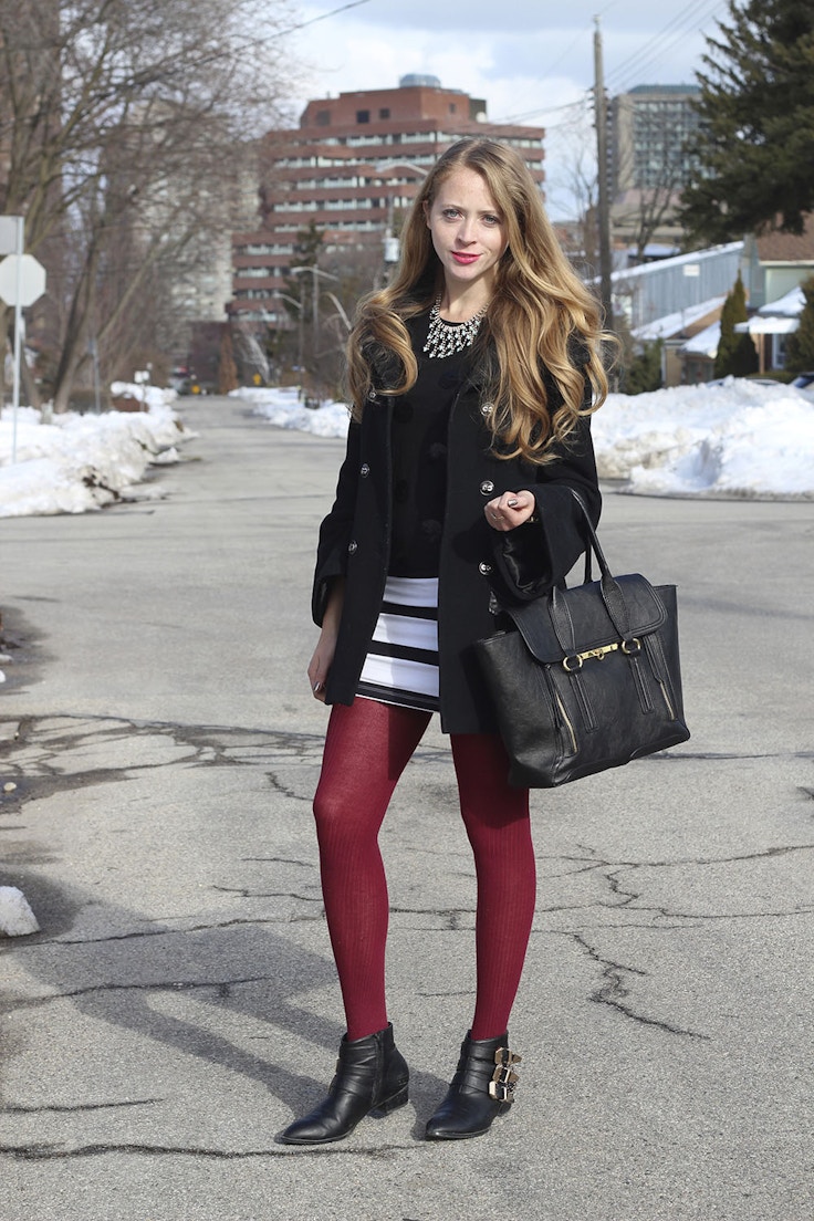 striped skirt red tights
