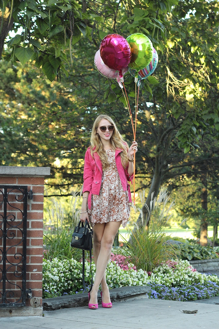 suede jacket and floral dress