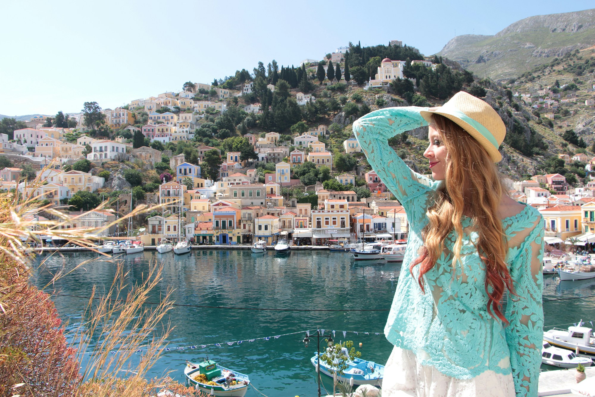 symi greece outfit mint fedora and crochet lace top