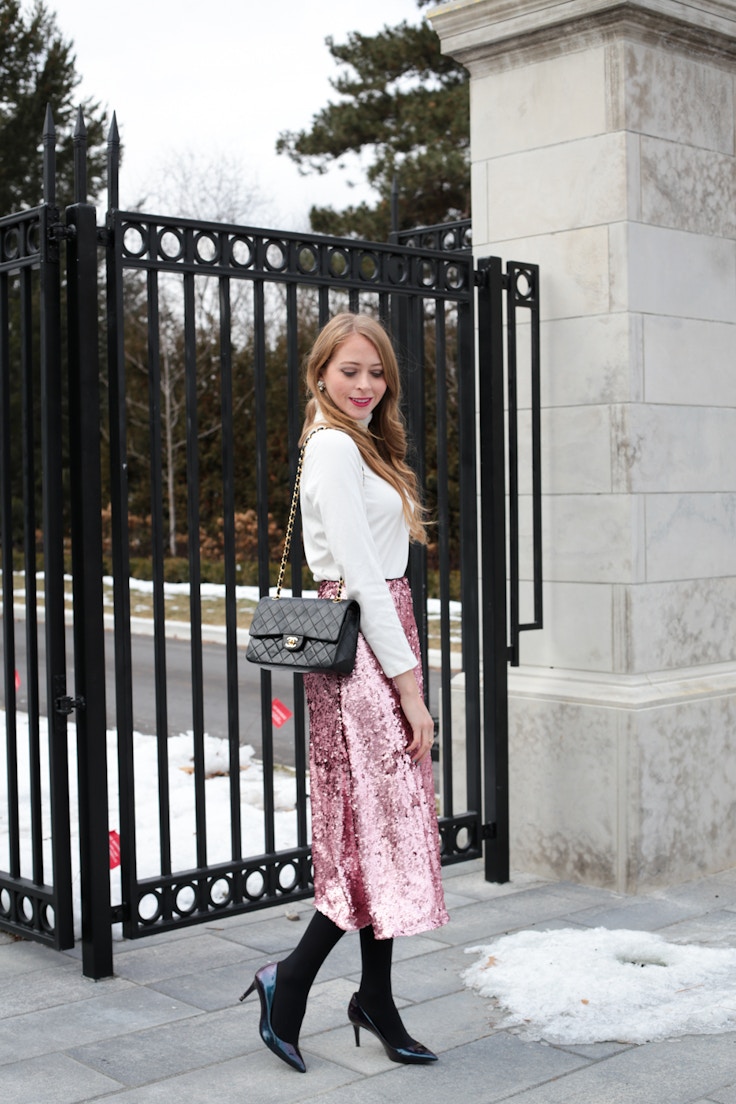 turtleneck pink sequin skirt chanel bag (3 of 8)