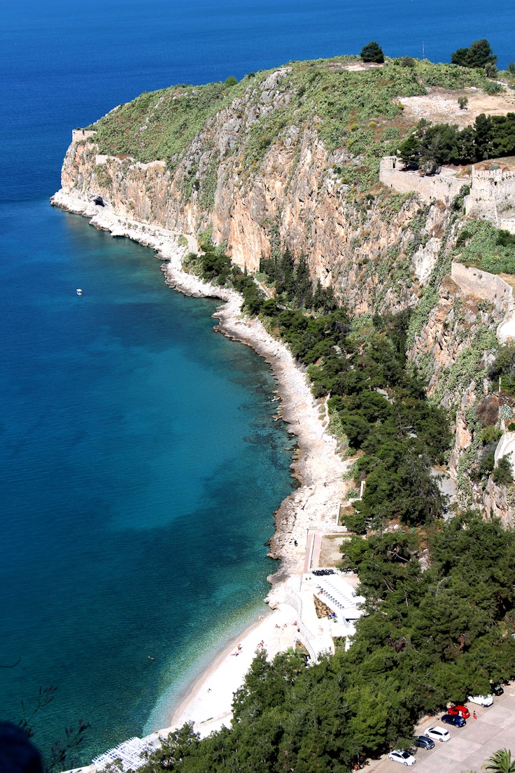 view of bay arvaniata beach from nafplio palamidi