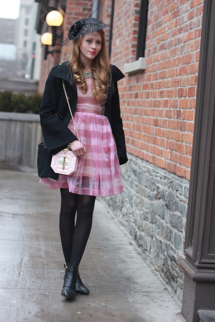 vintage hat black coat pink striped dress