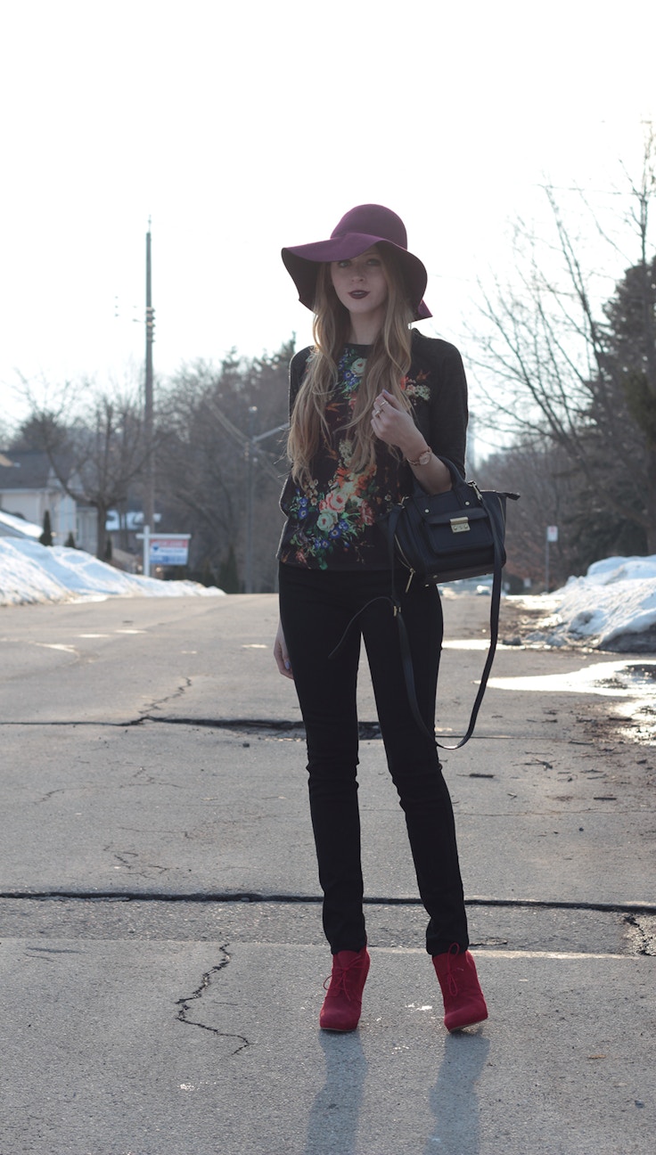 winter floral shirt and black jeans