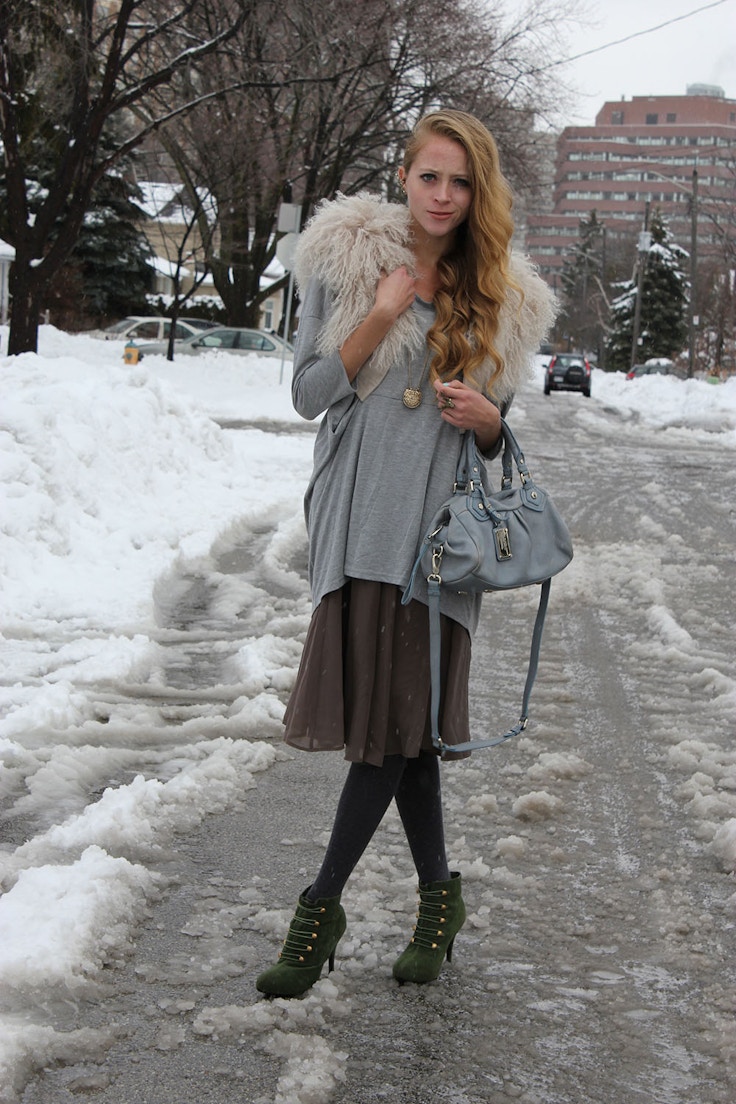 winter outfit skirt fur vest green booties