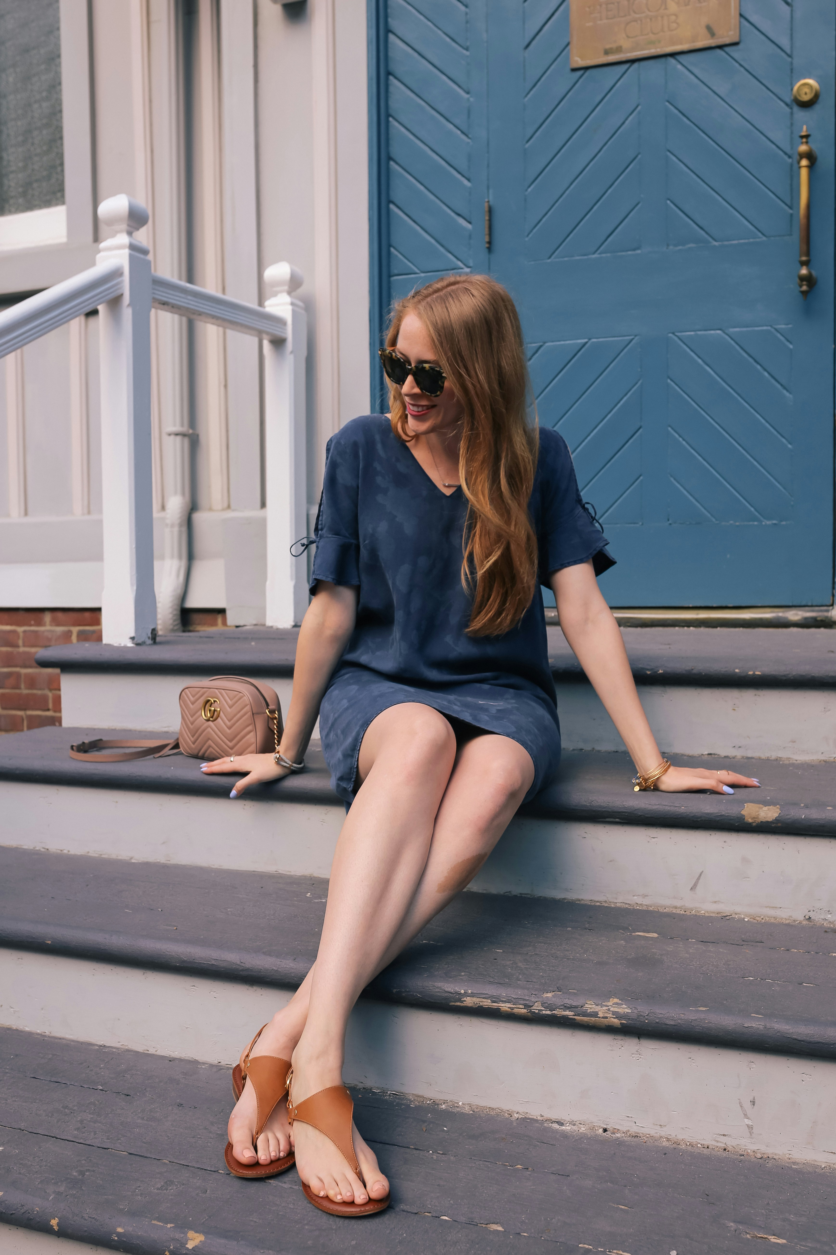 denim dress outfit with brown sandals