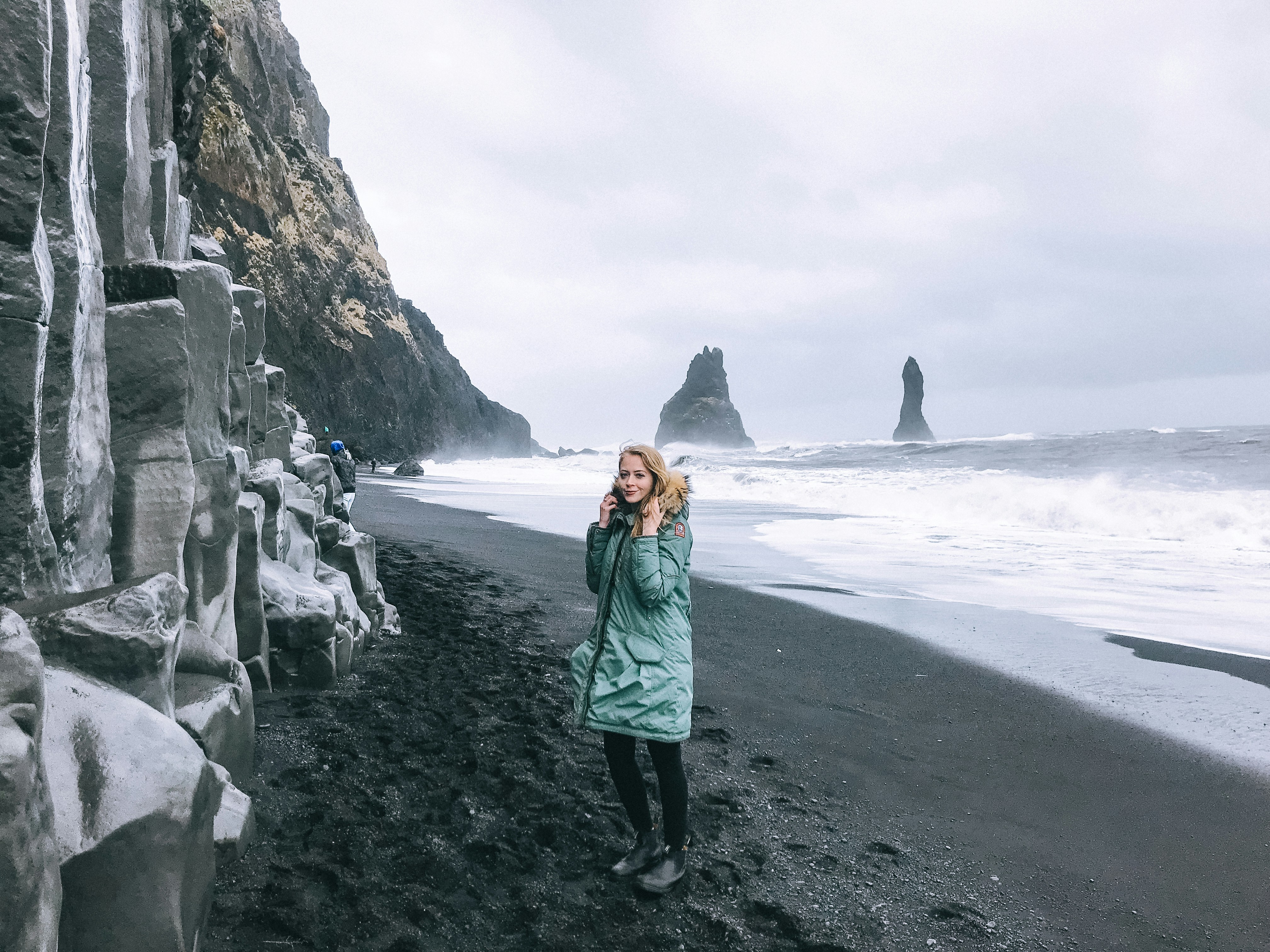 Reynisfjara black sand beach is dangerous to visit, but gorgeous even in bad weather conditions. I wore a classic parka from Parajumpers to handle the elements.