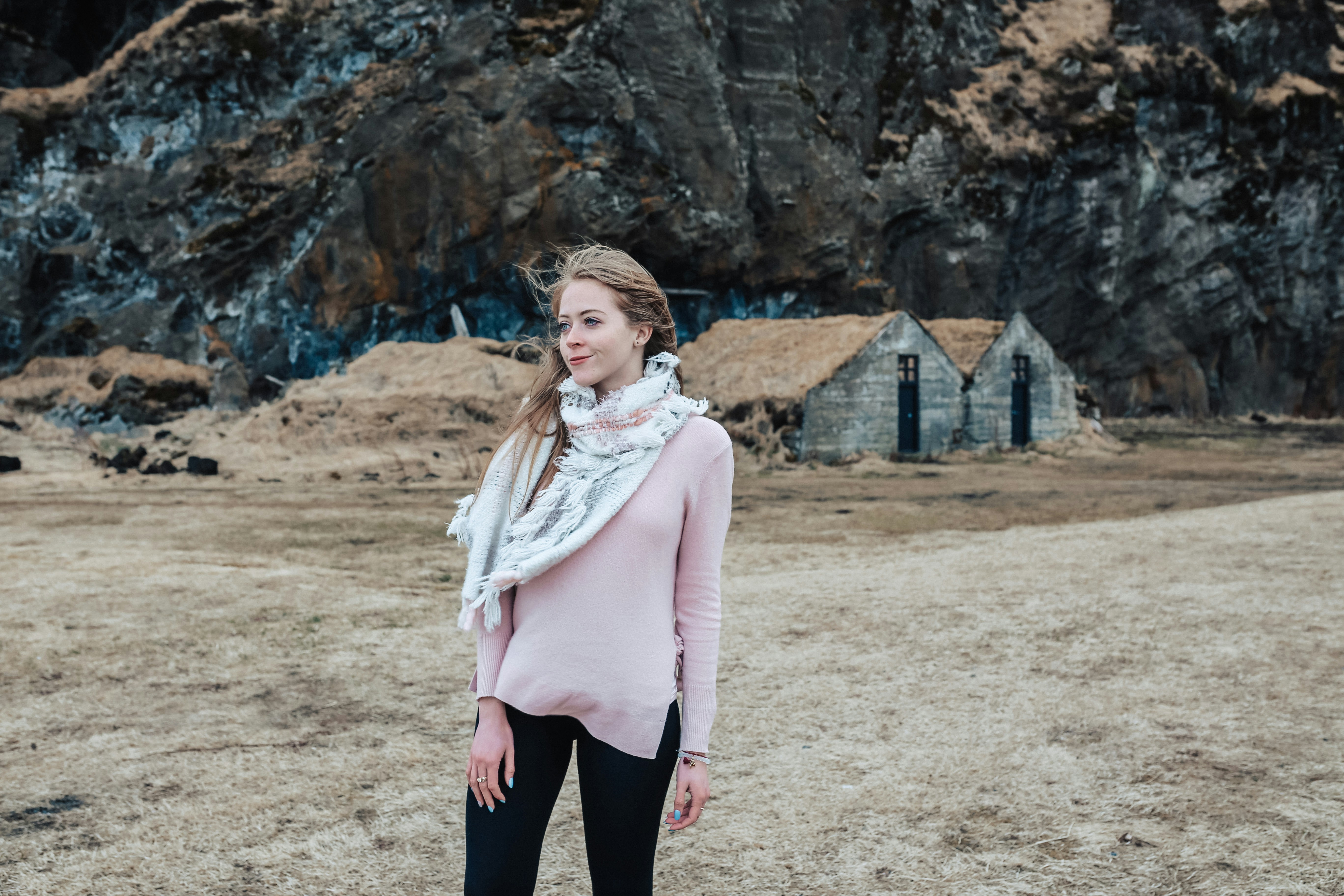 Wearing a Halogen Cashmere sweater in Iceland