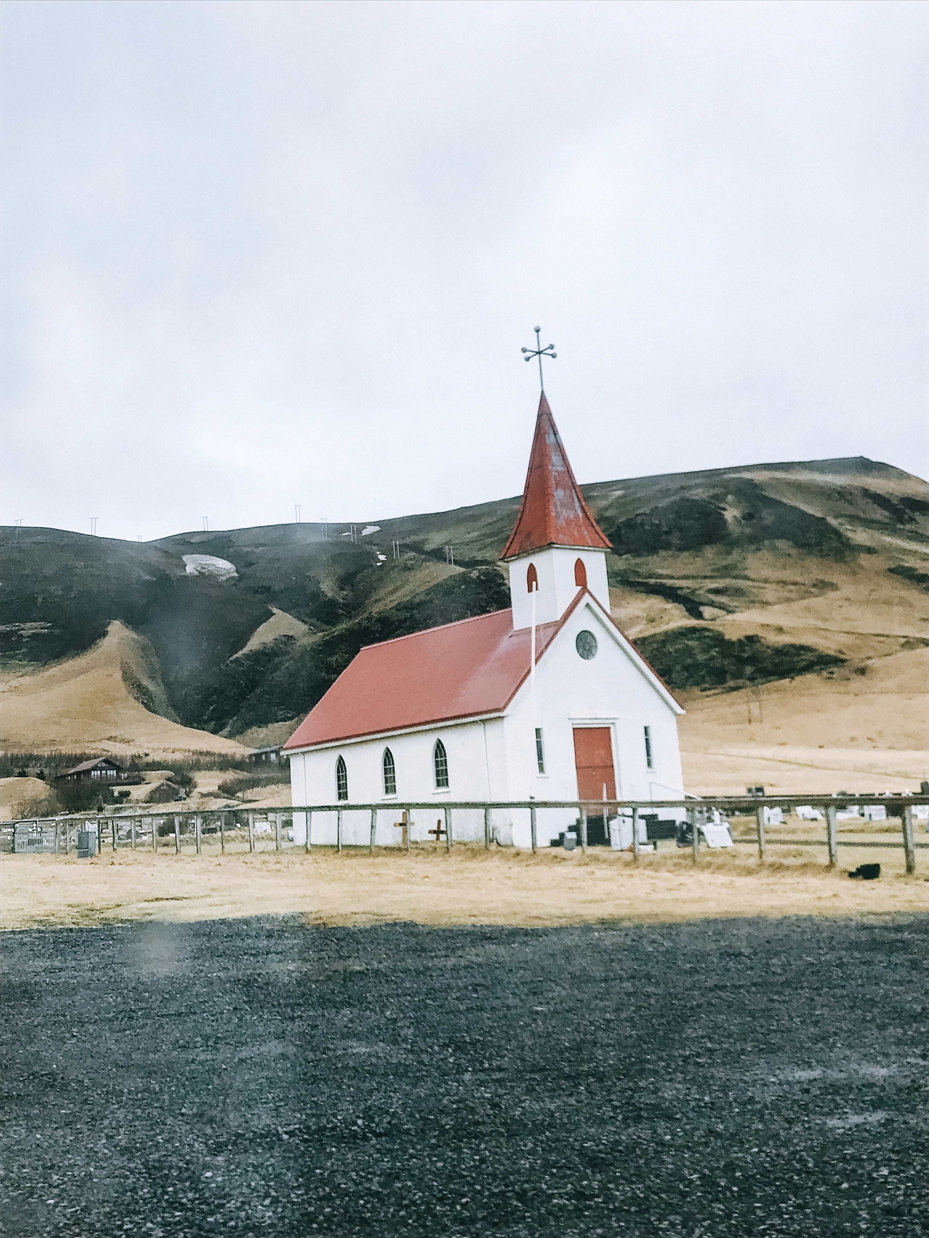 Classic red and white church in Vik, Iceland