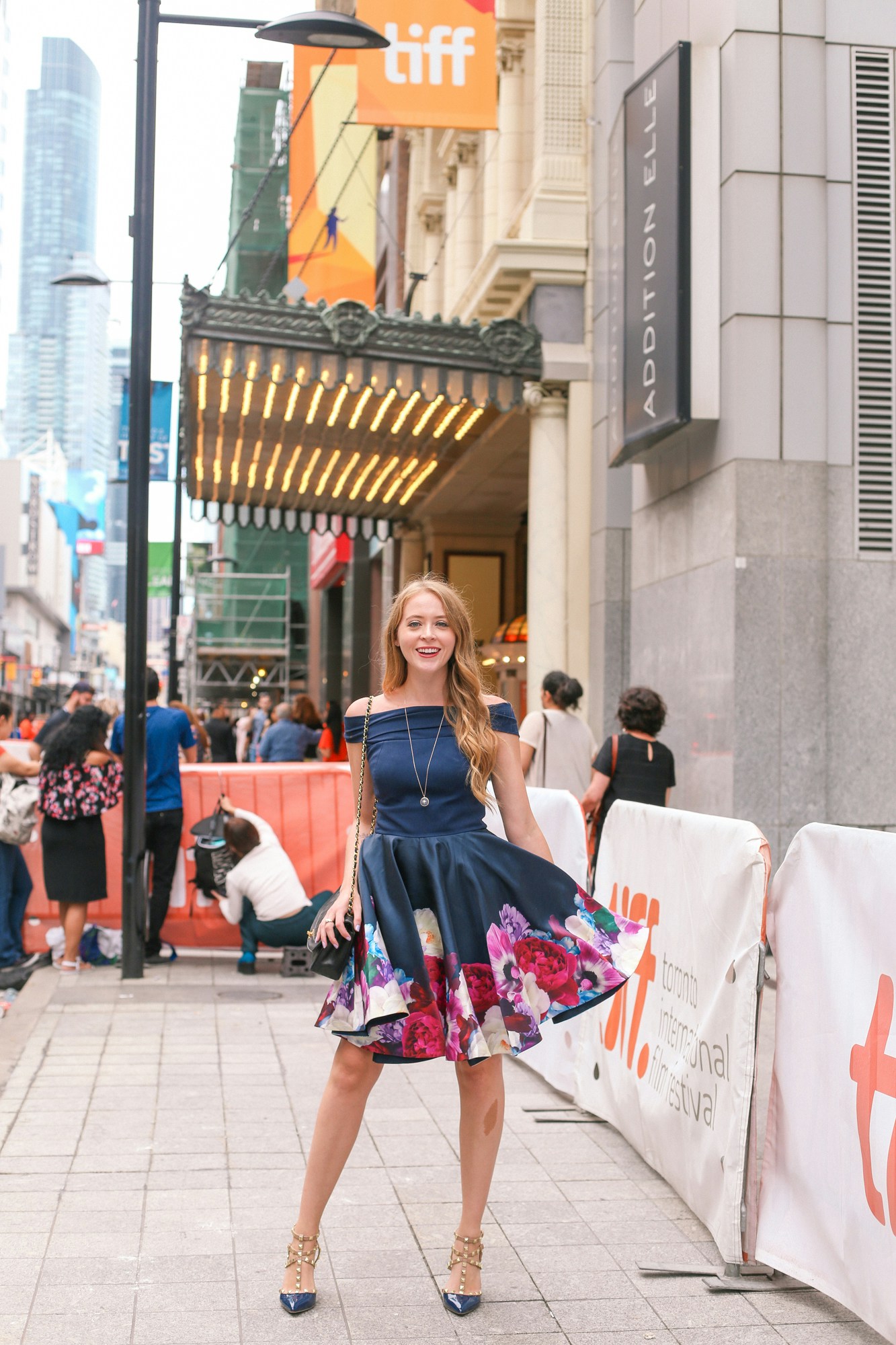 What I wore to a TIFF Premiere: Ted Baker Blushing Bouquet Bardot navy floral dress, BCBG studded shoes, Chanel Diana Bag