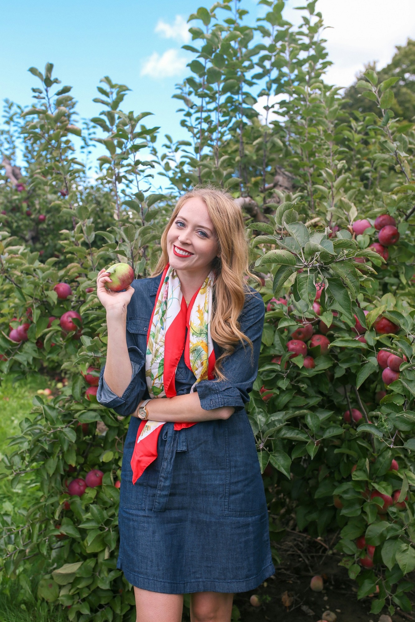 Apple picking outfit: a casual denim dress is more sophisticated with a vintage silk scarf in a festive fall colour.