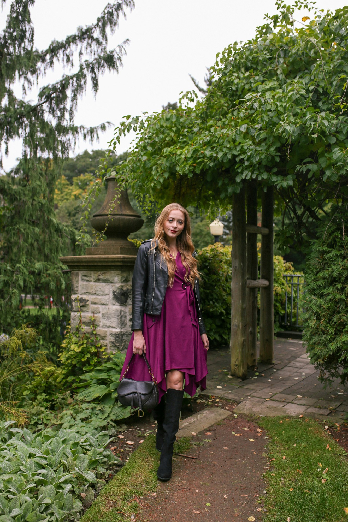 Leather Jacket and Chriselle Lim Wren Trench dress in berry purple