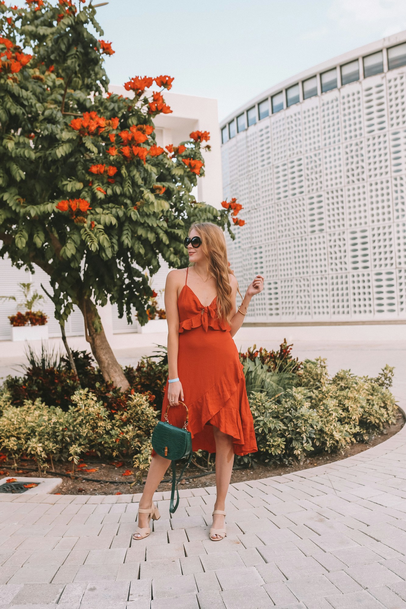 Orange linen spaghetti strap dress from Forever 21 paired with dainty gold jewelry. I love wearing a simple dress and fresh, natural makeup for a resort wear look.