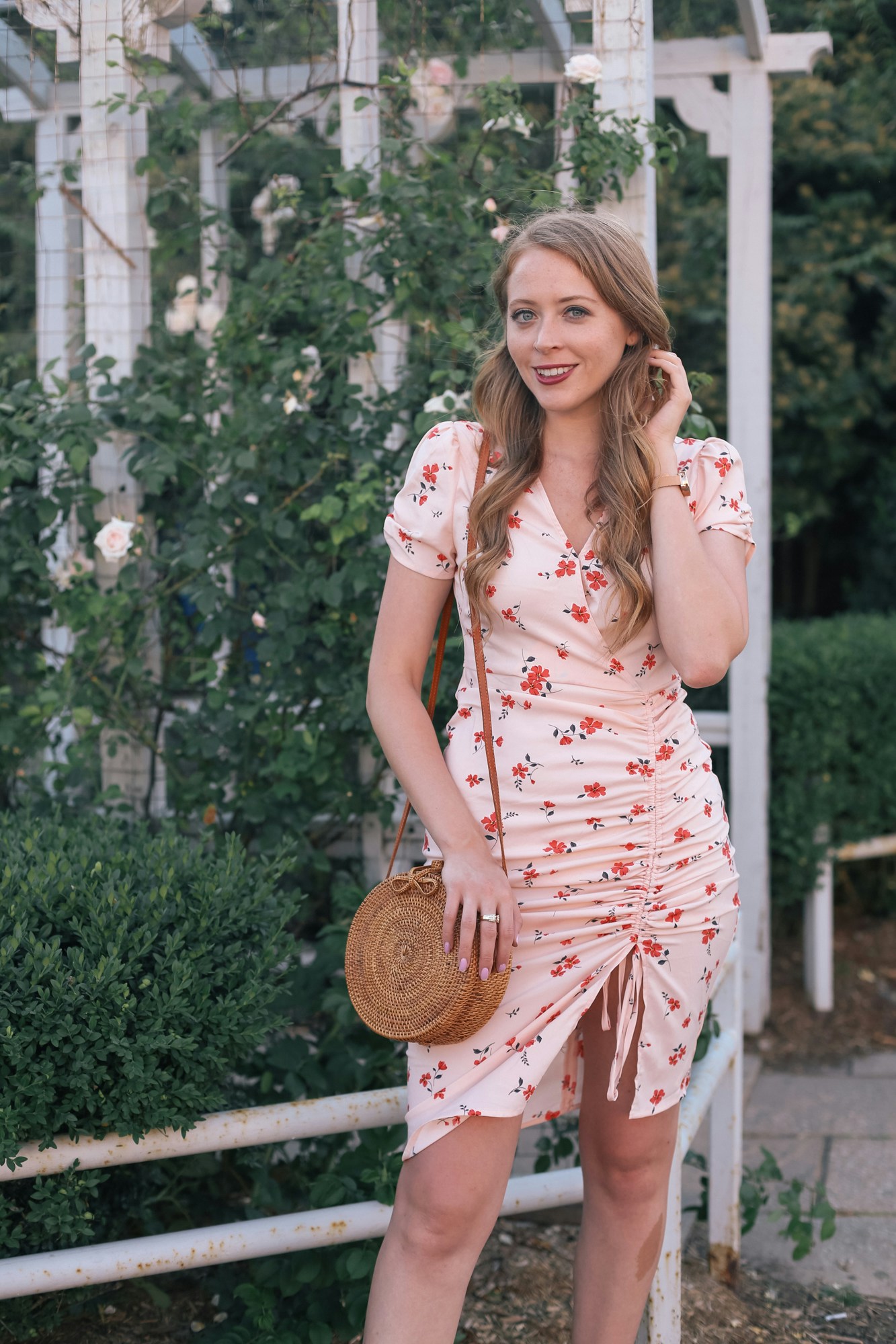 J.O.A. Cinch Front Dress - this chic rose print dress can transition from summer to fall with the right accessories.