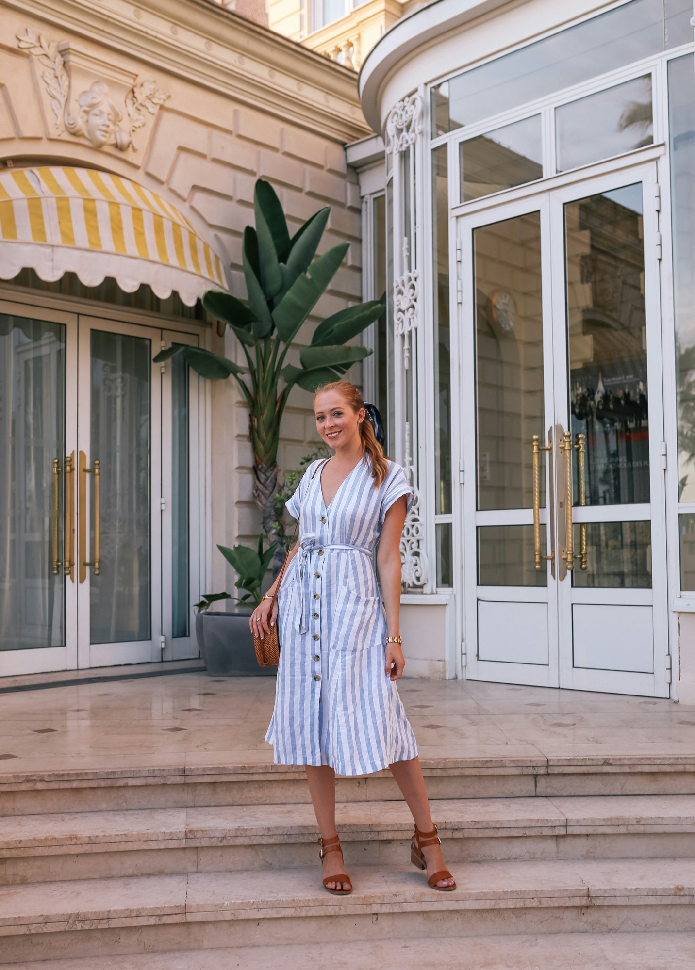 Hotel Carlton Cannes - wearing a Mango blue and white striped linen dress