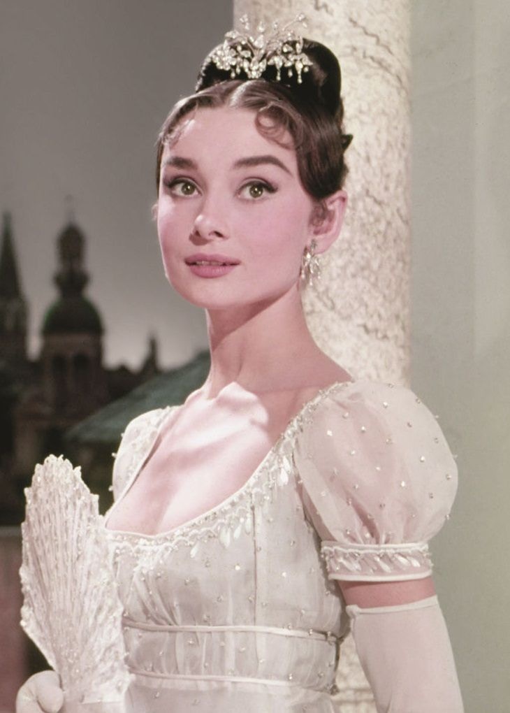 Audrey Hepburn War and Peace white gown reminds me of Princess Beatrice's wedding dress borrowed from the Queen