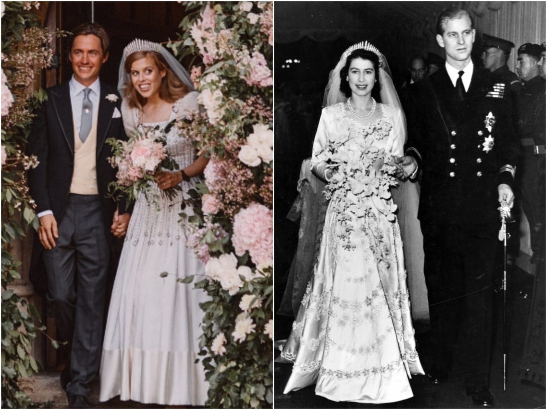 Princess Beatrice's Wedding Dress - wearing the Queen Mary Spray Diamond Tiara as Queen Elizabeth wore on her wedding day.