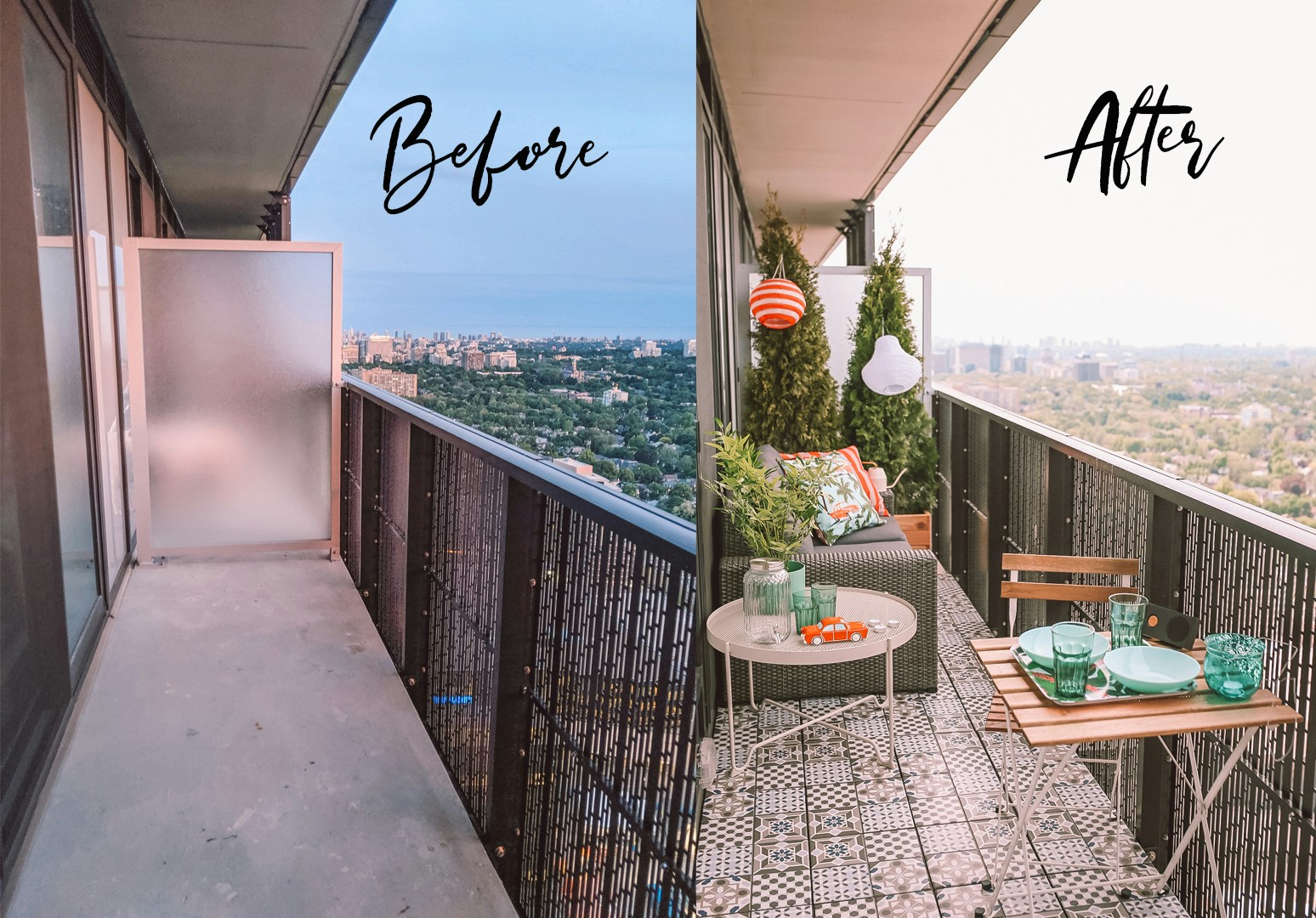 Before & After - Small Space Condo Balcony Makeover ft. IKEA Patio Furniture, including the Solleron series sofa, Mallsten decking, Krokholmen coffee table, Tarno bistro set and more!
